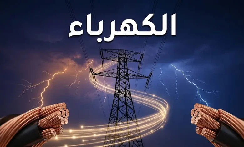 برج نقل كهربائي ضخم على خلفية سماء ليلية مضاءة ببرق طبيعي مع تدفق جسيمات إلكترونية ذهبية حوله