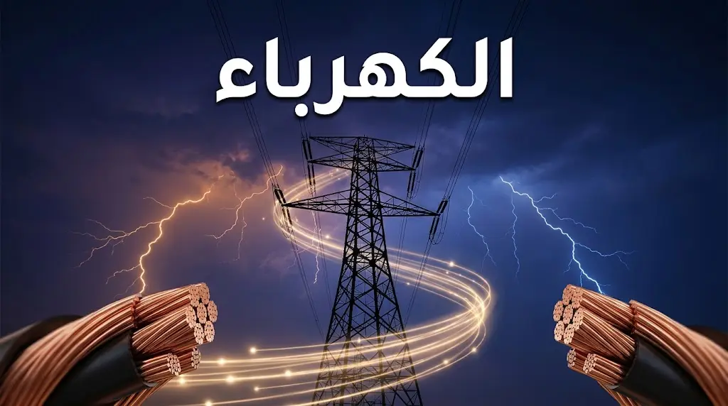 برج نقل كهربائي ضخم على خلفية سماء ليلية مضاءة ببرق طبيعي مع تدفق جسيمات إلكترونية ذهبية حوله