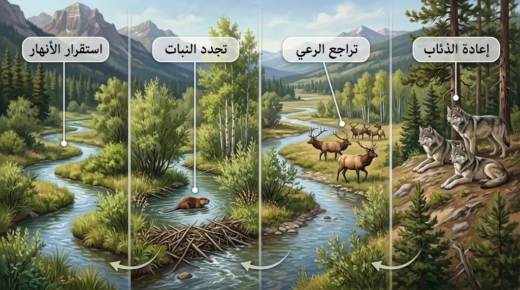 مخطط الشلال التغذوي في يلوستون من إعادة الذئاب إلى تجدد النبات واستقرار الأنهار