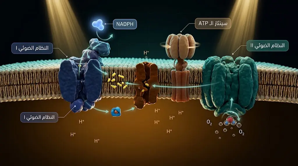 مخطط Z ثلاثي الأبعاد يُظهر النظامين الضوئيين وسلسلة نقل الإلكترون في غشاء الثايلاكويد