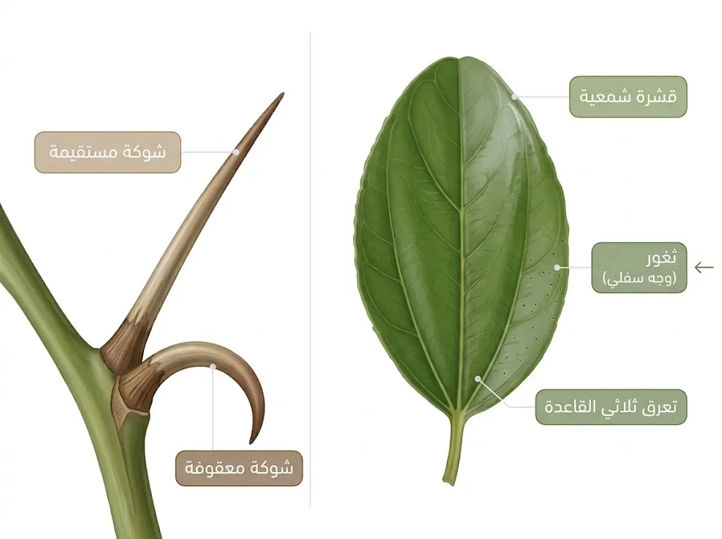 تشريح ورقة السدر وزوج الأشواك غير المتماثل في Ziziphus spina-christi
