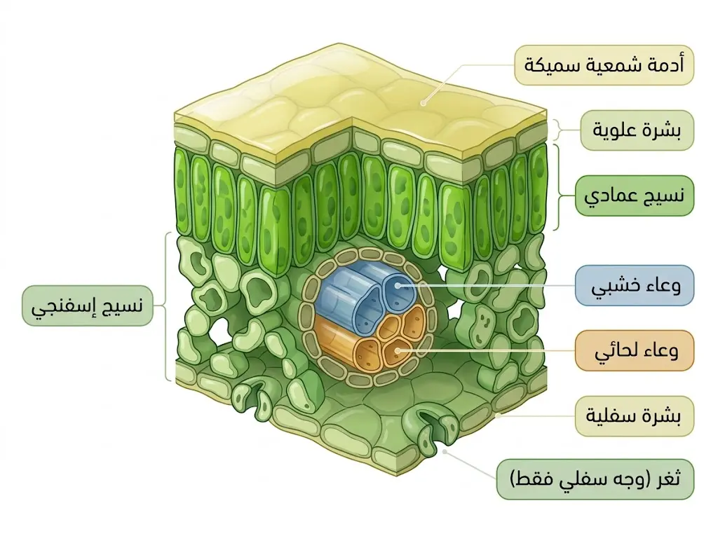 قطاع عرضي تشريحي مجهري لورقة السدر (Ziziphus spina-christi) يُظهر سماكة الأدمة الشمعية العلوية وتوزيع الثغور في الوجه السفلي حصراً وبنية الحزمة الوعائية المركزية