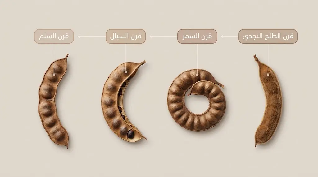 مقارنة بصرية بين أربعة أشكال من قرون أشجار الطلح: منحنٍ، حلزوني، منجلي منفتح، ومفلطح متخصر