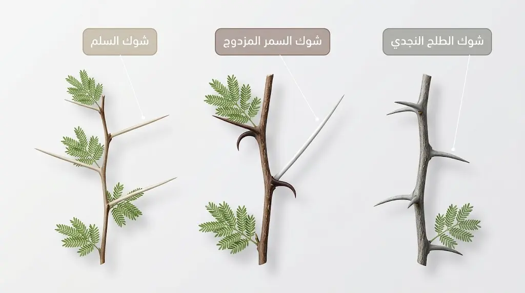 مقارنة بين ثلاثة أنماط من الأشواك: شوك الطلح النجدي القصير، شوك السمر المزدوج الطويل والقصير، شوك السلم المستقيم