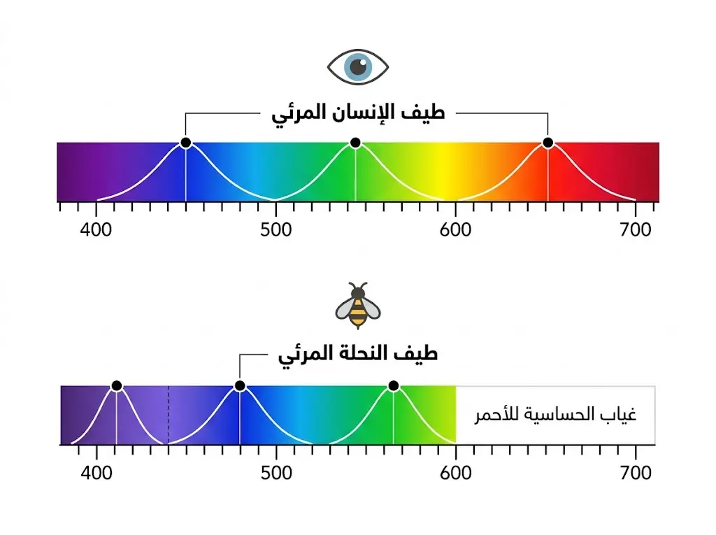 مخطط علمي يقارن نطاق الطول الموجي المرئي عند الإنسان ونظيره عند النحلة الذي يبدأ من فوق البنفسجي ولا يشمل الأحمر