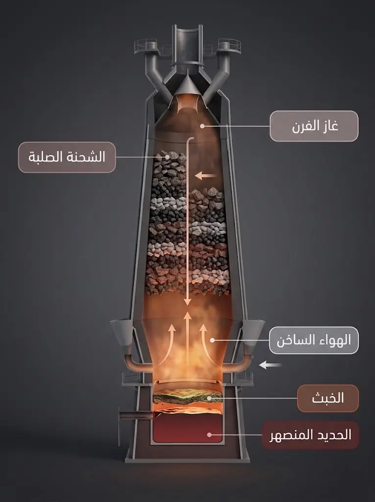 مقطع توضيحي لآلية عمل الفرن العالي في استخلاص الحديد
