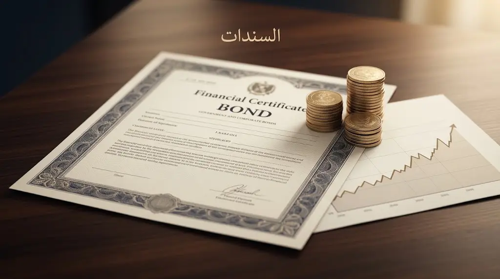 شهادة سند مالي على مكتب فاخر ترمز لمفهوم السندات كأداة دين استثمارية