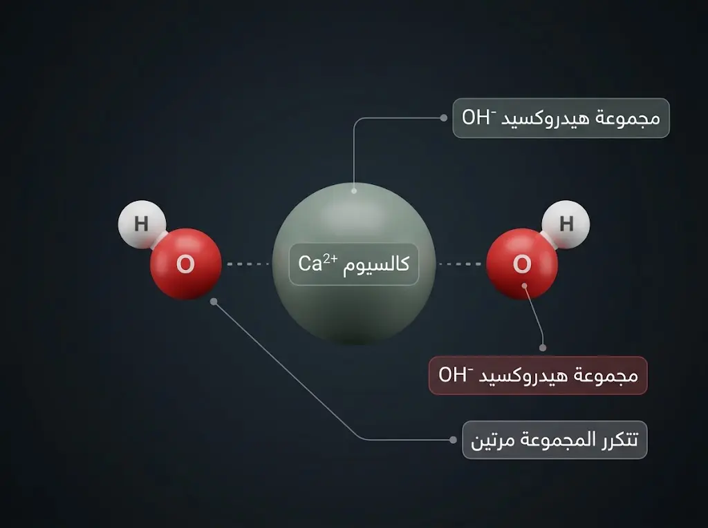 نموذج ثلاثي الأبعاد لوحدة صيغة هيدروكسيد الكالسيوم Ca(OH)₂ مع مجموعتي الهيدروكسيد
