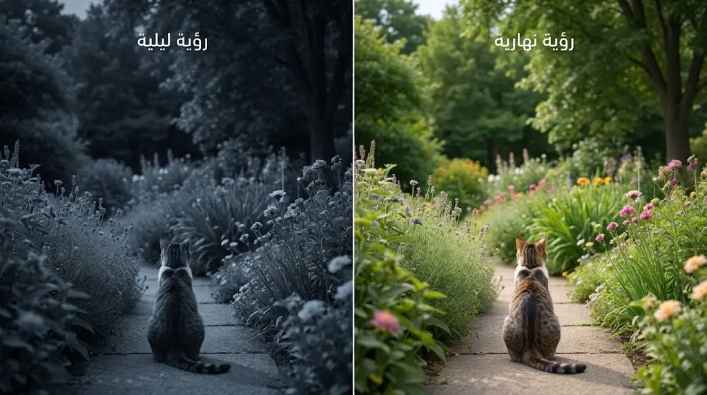 مقارنة بين رؤية القطة نهاراً ورؤيتها ليلاً لنفس الحديقة