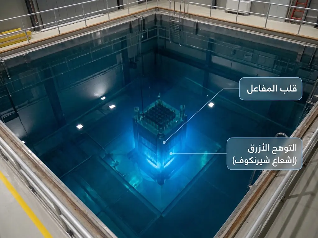 صورة واقعية لحوض مفاعل بحثي يُظهر التوهج الأزرق المعروف بإشعاع شيرنكوف الناتج عن جسيمات أسرع من الضوء في الماء
