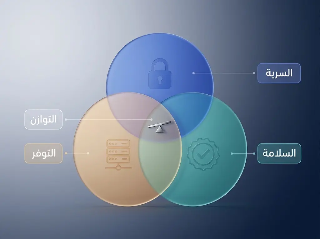 مخطط ثلاثي الأبعاد لثلاثة أقراص زجاجية متداخلة تمثل السرية والسلامة والتوفر، وفي منطقة تداخلها المركزية رمز التوازن