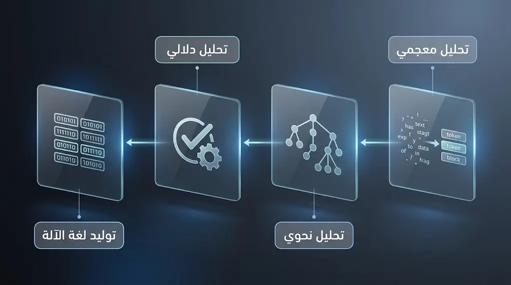 رسم تخطيطي علمي يوضح أربع مراحل متسلسلة يمر بها المترجم لتحويل الشفرة المصدرية إلى لغة آلة