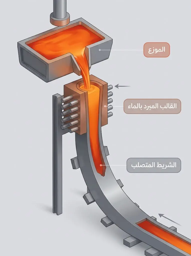 آلية الصب المستمر لتحويل الفولاذ المنصهر إلى شريط صلب