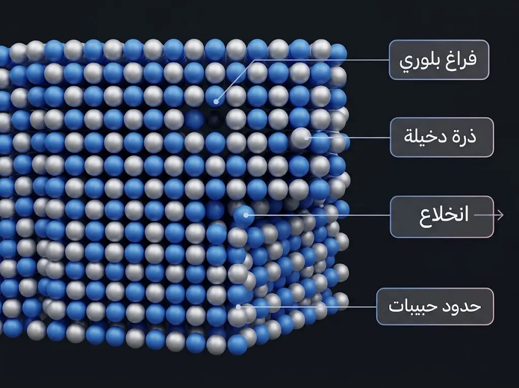 رسم ثلاثي الأبعاد للشبكة البلورية يوضح أنواع العيوب البلورية الناتجة عن الطحن