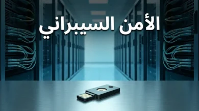 ممر مركز بيانات حديث بصفوف خوادم وإضاءة زرقاء باردة، وفي المقدمة مفتاح أمان مادي، تعلوه عبارة الأمن السيبراني