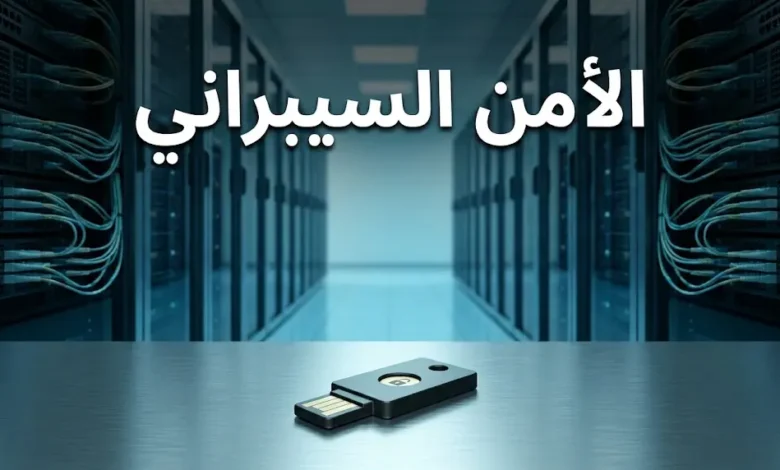 ممر مركز بيانات حديث بصفوف خوادم وإضاءة زرقاء باردة، وفي المقدمة مفتاح أمان مادي، تعلوه عبارة الأمن السيبراني