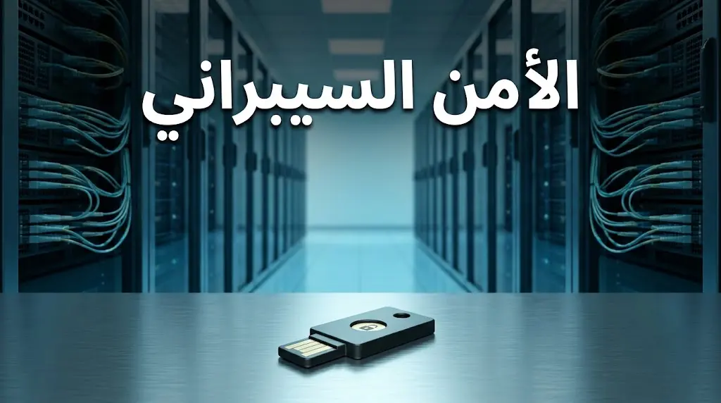 ممر مركز بيانات حديث بصفوف خوادم وإضاءة زرقاء باردة، وفي المقدمة مفتاح أمان مادي، تعلوه عبارة الأمن السيبراني