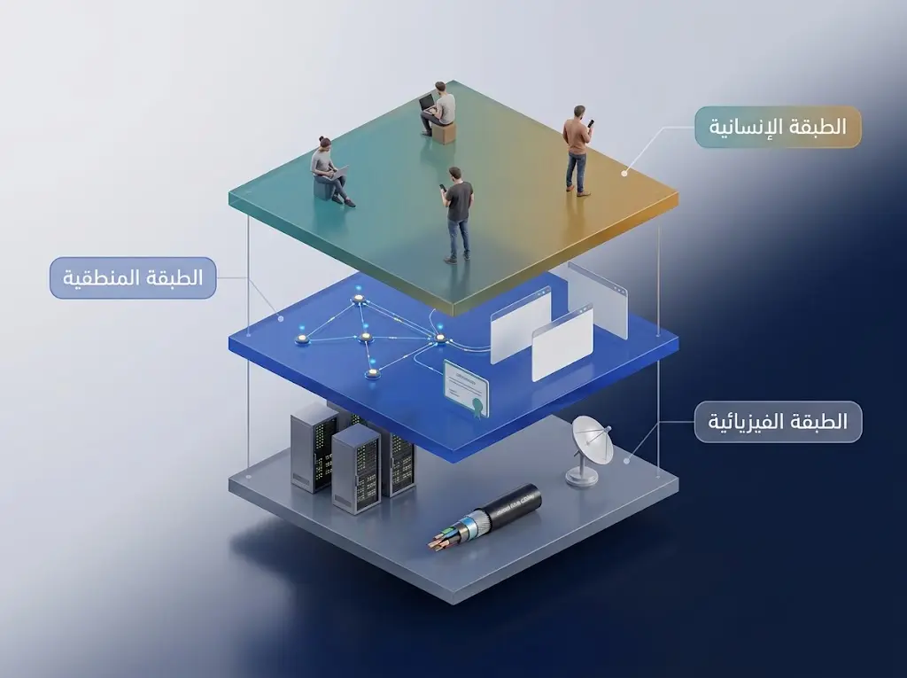 نموذج ثلاثي الأبعاد لثلاث طبقات متراكبة تمثل الطبقة الفيزيائية والمنطقية والإنسانية للفضاء السيبراني