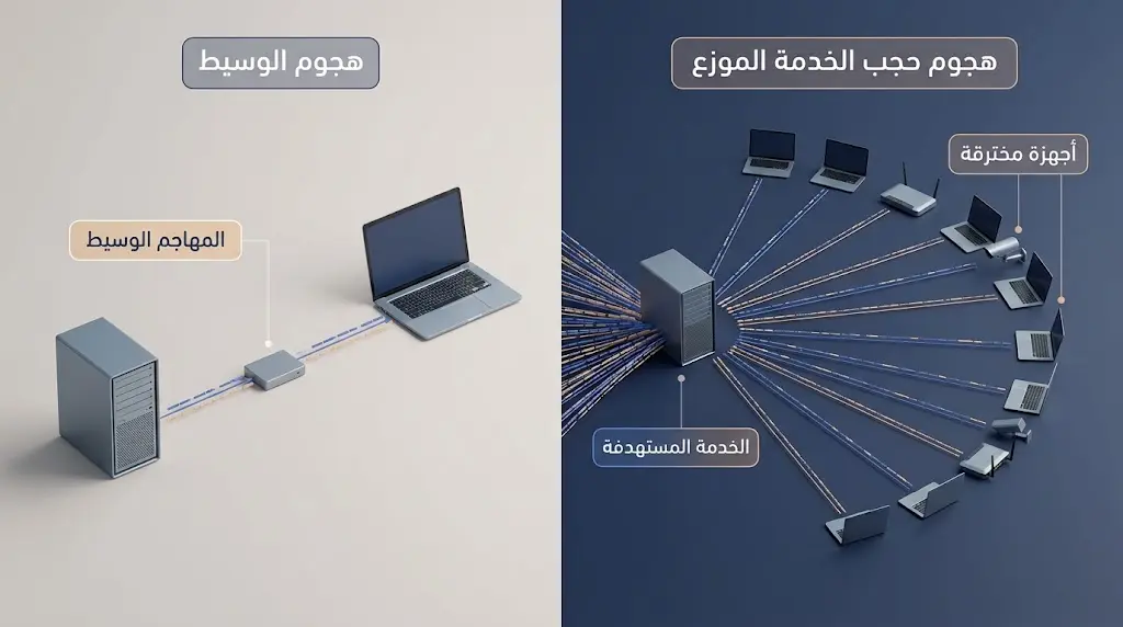 مخطط ثلاثي الأبعاد يقارن بين هجوم حجب الخدمة الموزع من أجهزة مخترقة وهجوم الوسيط بين مستخدم وخادم