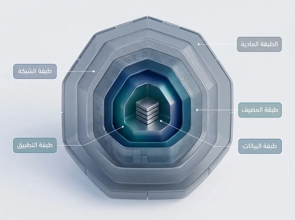 مقطع ثلاثي الأبعاد لخمس طبقات متداخلة تحيط بنواة بيانات تمثل مبدأ الدفاع في العمق