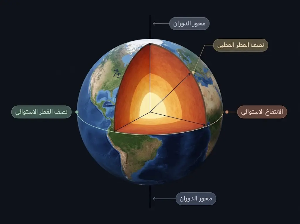  رسم توضيحي يبين تفلطح الأرض والفرق بين نصف القطر الاستوائي والقطبي وأثره في الجاذبية