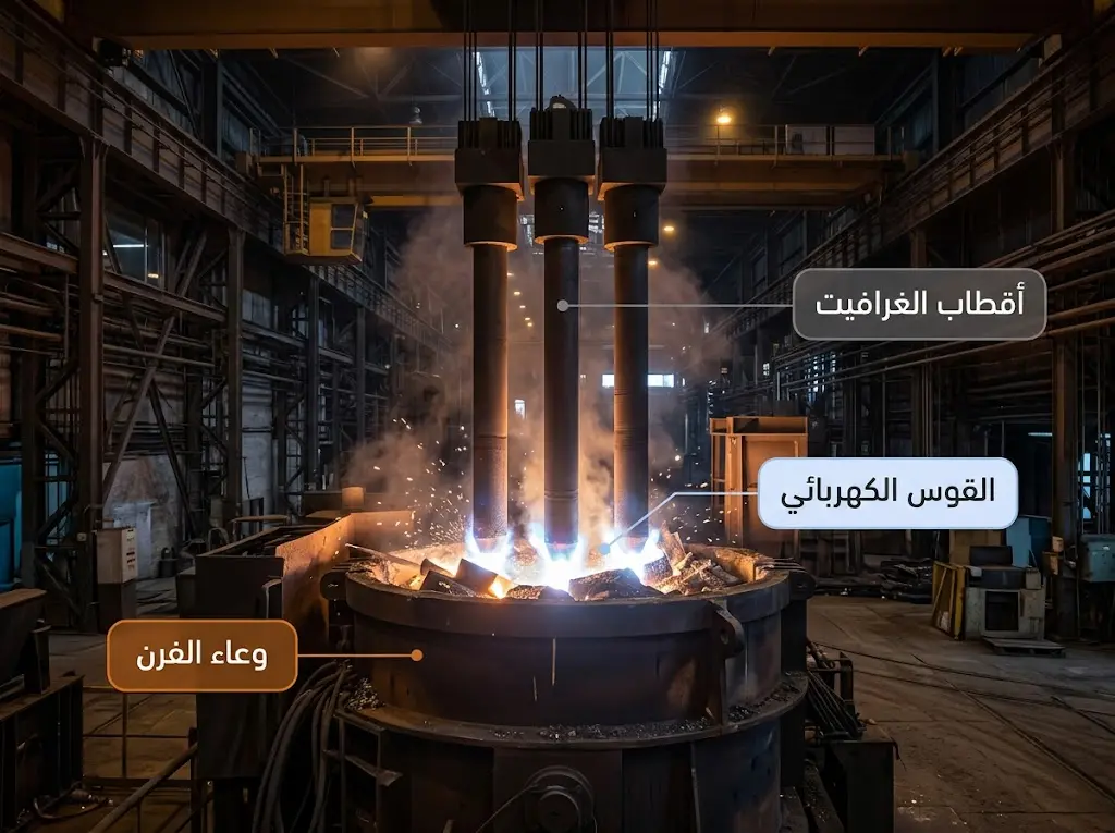 فرن القوس الكهربائي يصهر الخردة والحديد المختزل بالكهرباء