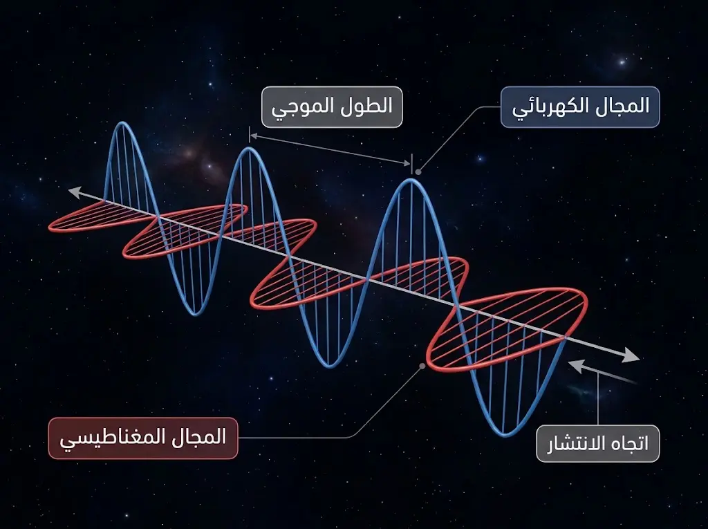 رسم علمي يوضح المجالين الكهربائي والمغناطيسي المتعامدين في موجة كهرومغناطيسية وعلاقتهما بالطول الموجي