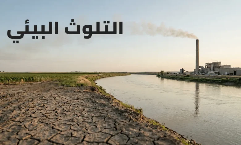 صورة توضح التلوث البيئي في الهواء والماء والتربة في مشهد طبيعي واحد