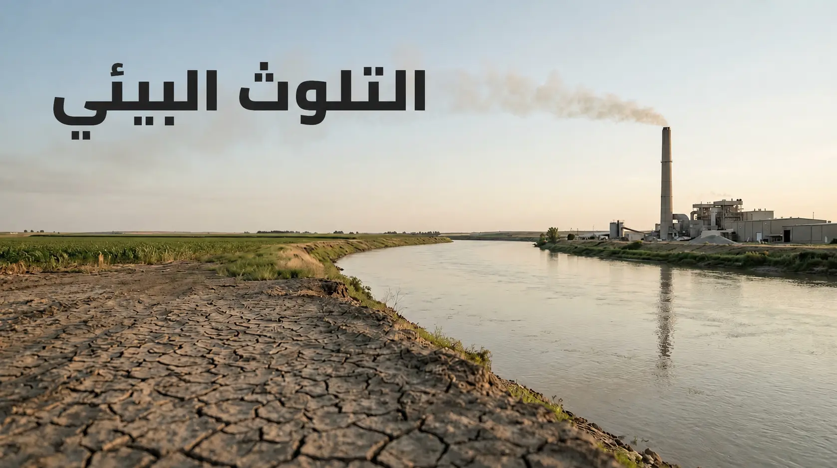 صورة توضح التلوث البيئي في الهواء والماء والتربة في مشهد طبيعي واحد