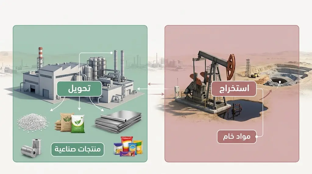 رسم توضيحي يبين الفرق بين الصناعة الاستخراجية والصناعة التحويلية في السعودية.