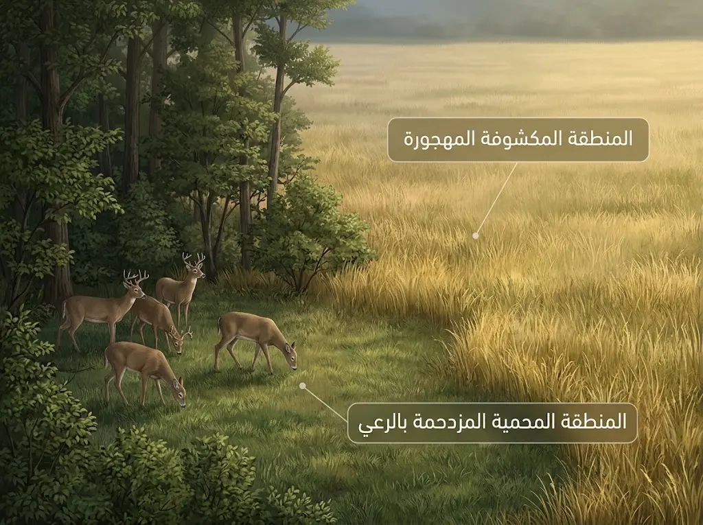 غزلان ترعى قرب غطاء الأشجار وتتجنب المرج المكشوف خوفاً من المفترس