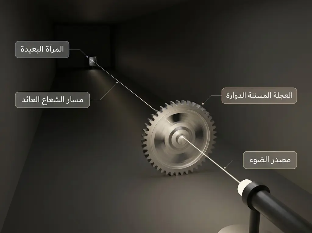  رسم علمي يعيد تركيب تجربة فيزو بالعجلة المسننة لقياس سرعة الضوء في المختبر