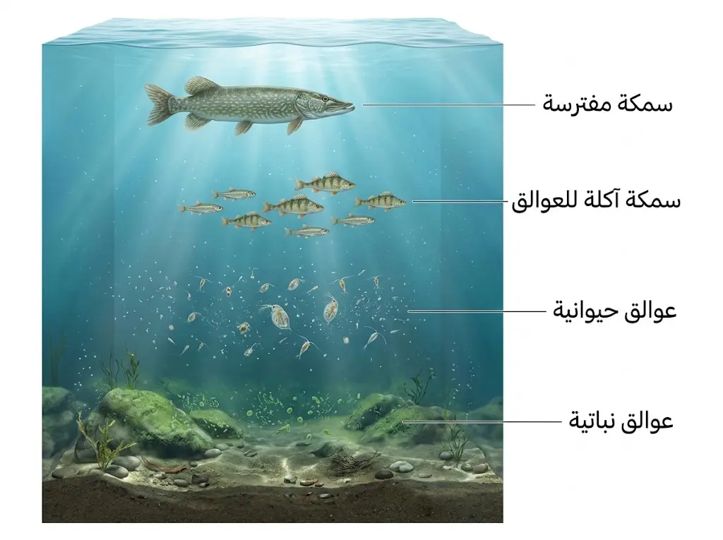 مقطع لبحيرة يوضح أربعة مستويات غذائية من السمكة المفترسة إلى العوالق النباتية