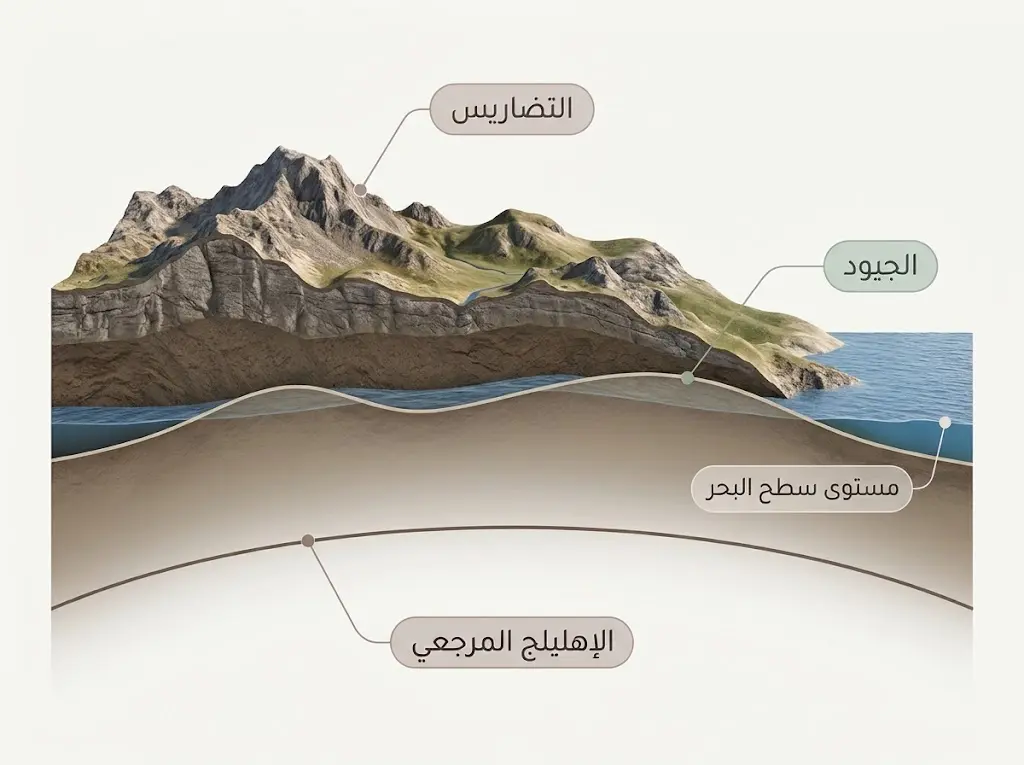 رسم مقارن يوضح الفرق بين سطح التضاريس الفعلي وسطح الجيود والإهليلج المرجعي