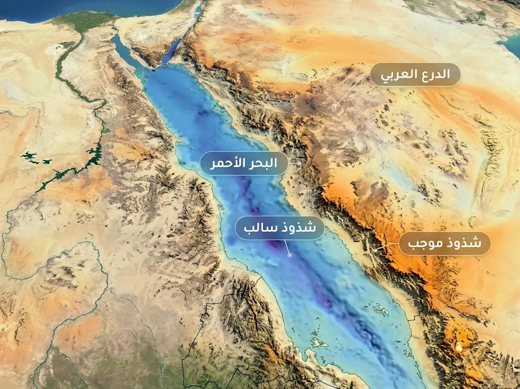 خريطة توضيحية لشذوذات الجاذبية فوق تضاريس إقليمية تمثل البحر الأحمر والدرع العربي