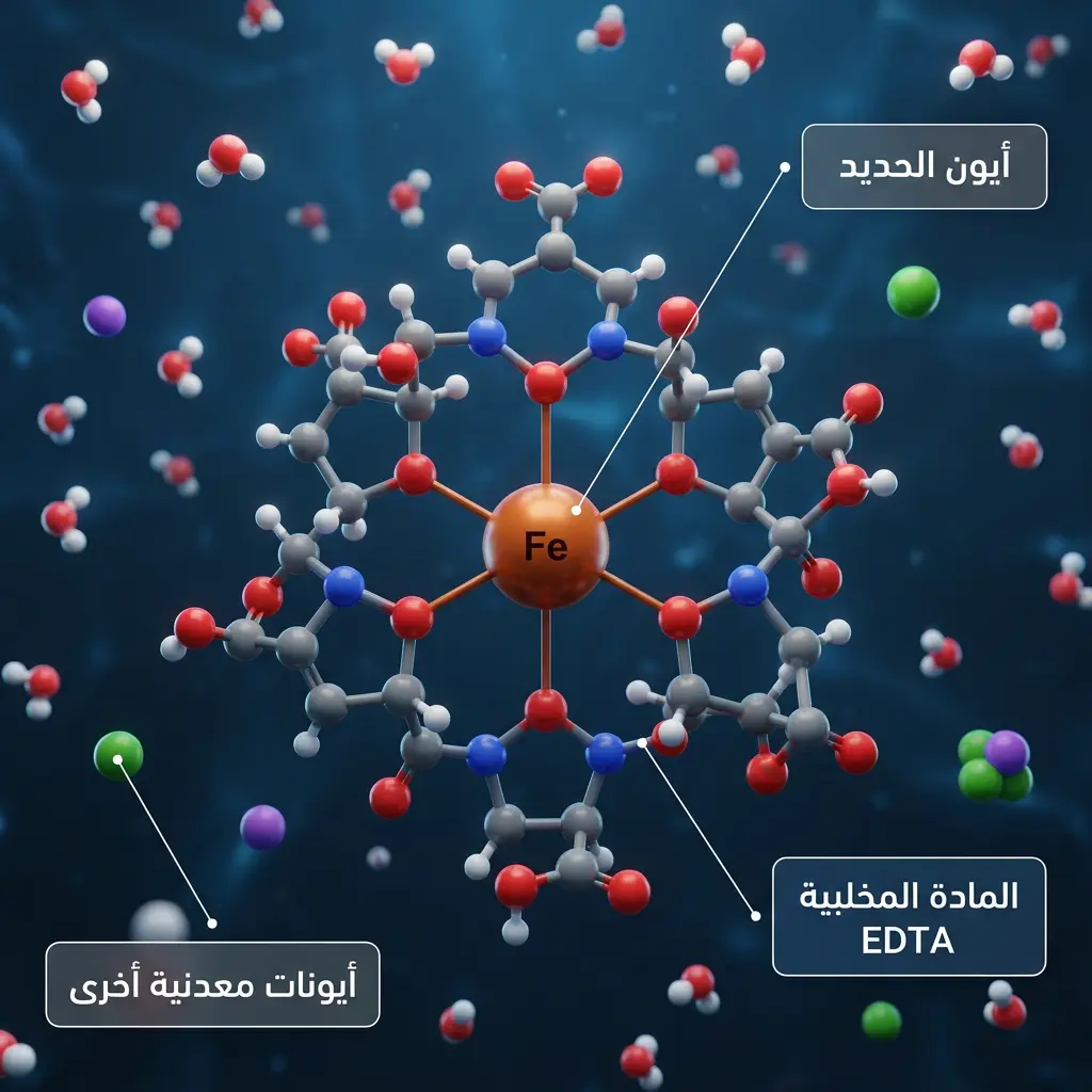 رسم جزيئي يوضح تركيب الحديد المخلبي داخل المحلول المغذي