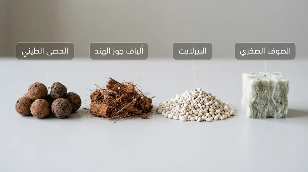 عرض مقارن لأربعة أوساط خاملة مستخدمة في الزراعة المائية