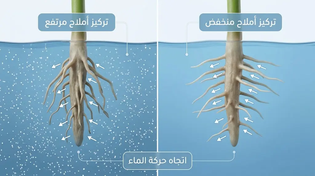 مقارنة علمية بين جذر في محلول منخفض الملوحة وآخر في محلول مرتفع الملوحة