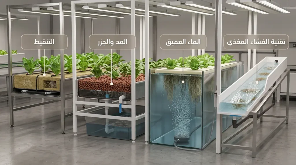 مقارنة بصرية بين أربعة أنظمة شائعة في الزراعة المائية