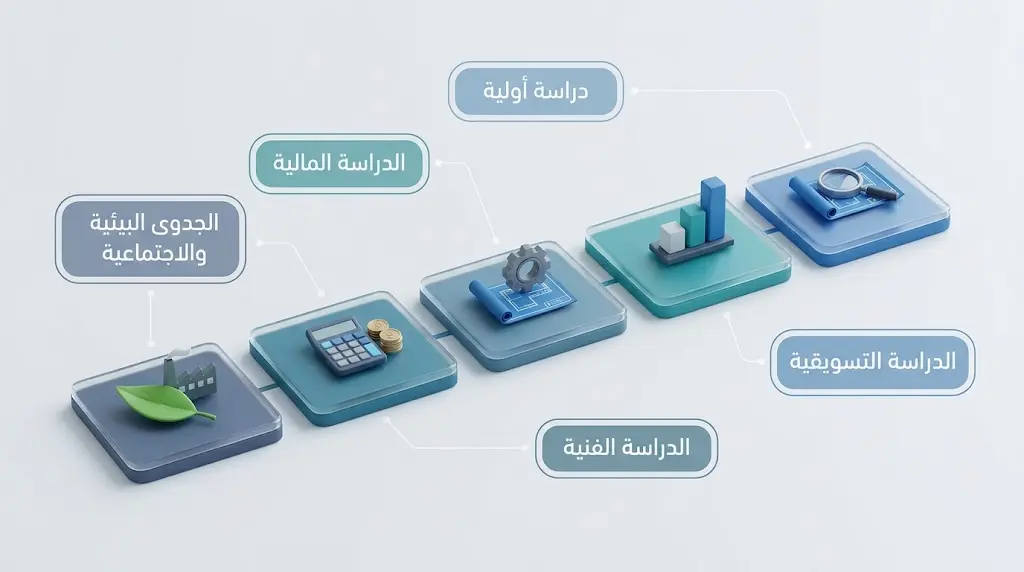 مخطط ثلاثي الأبعاد لمراحل دراسة الجدوى الصناعية الخمس من الدراسة الأولية إلى الجدوى البيئية