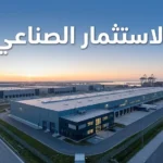 منظر جوي لمجمع صناعي حديث ومرفأ حاويات عند الفجر مع عنوان الاستثمار الصناعي