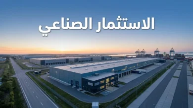 منظر جوي لمجمع صناعي حديث ومرفأ حاويات عند الفجر مع عنوان الاستثمار الصناعي