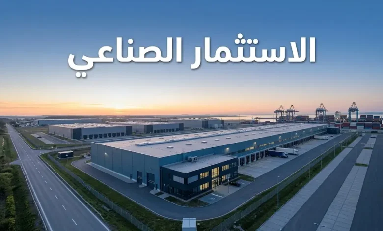 منظر جوي لمجمع صناعي حديث ومرفأ حاويات عند الفجر مع عنوان الاستثمار الصناعي