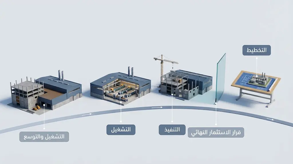 رسم ثلاثي الأبعاد لدورة حياة المشروع الصناعي من التخطيط إلى التنفيذ والتشغيل ثم التوسع أو التصفية