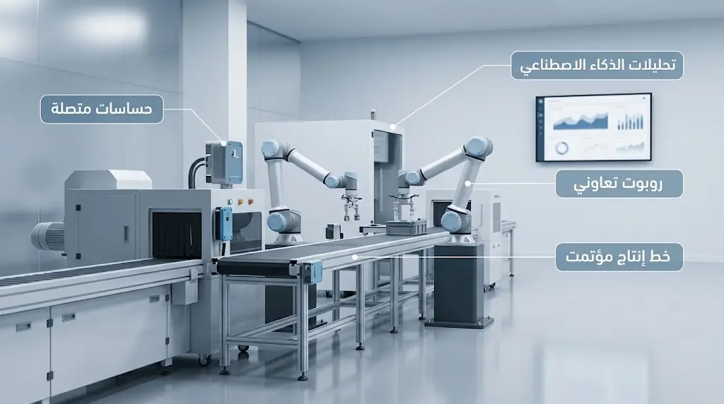 مصنع ذكي حديث يضم روبوتات تعاونية وحساسات متصلة وخط إنتاج مؤتمتاً وشاشة تحليلات