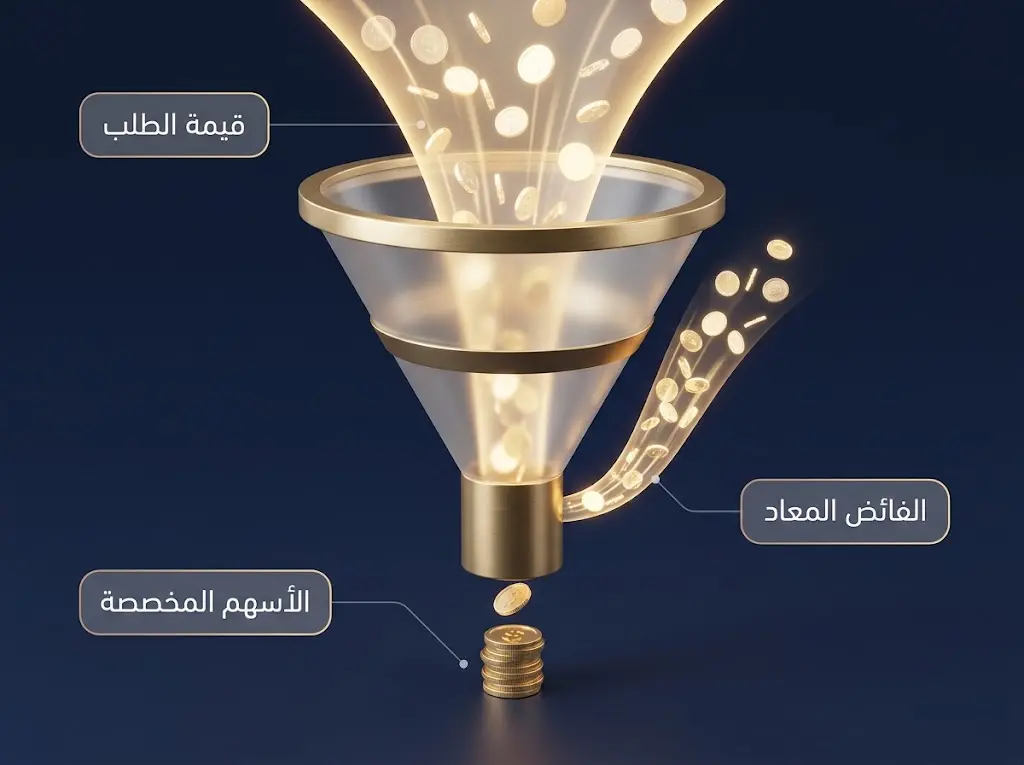 رسم يوضح آلية تخصيص الأسهم ورد الفائض للمكتتب