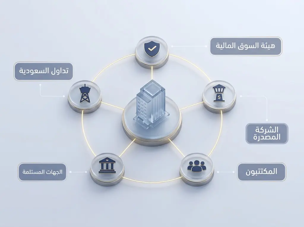 مخطط يوضح الأطراف المشاركة في عملية الاكتتاب العام في السوق السعودية