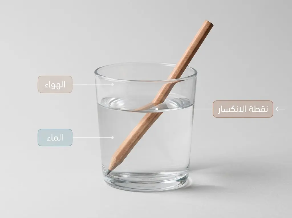 صورة واقعية لقلم يبدو منكسراً داخل كأس ماء توضح ظاهرة انكسار الضوء عند الحد الفاصل بين وسطين