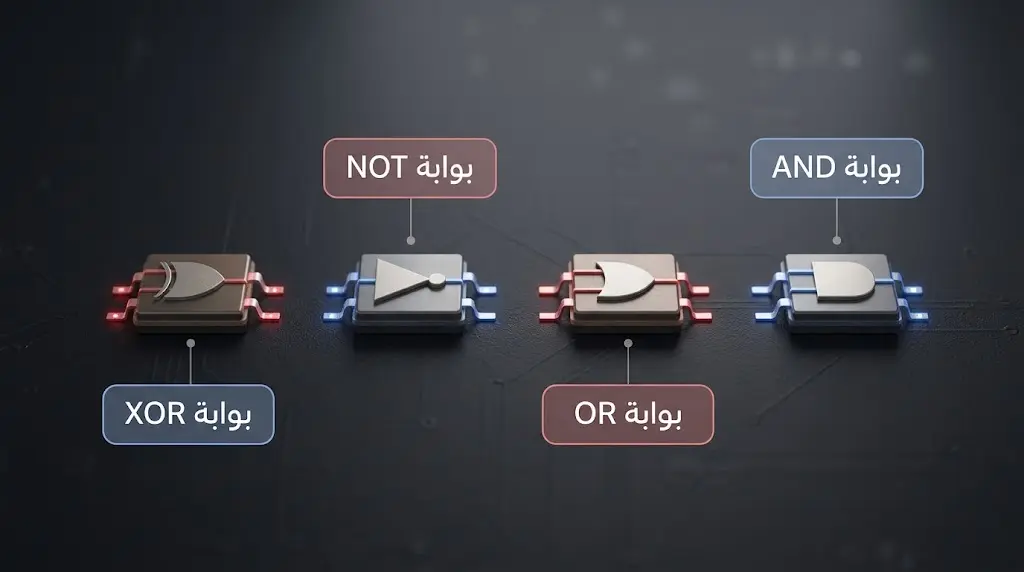 رسم تقني واقعي لأربع بوابات منطقية أساسية تشكل حجر الأساس في تصميم المعالجات