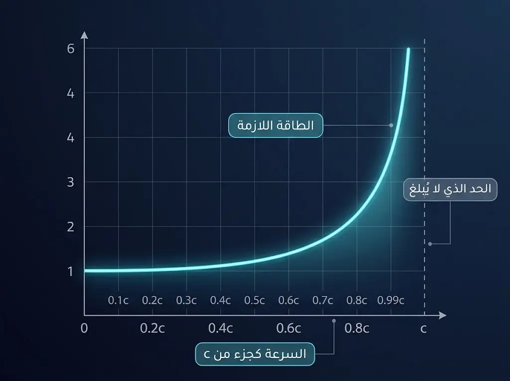  رسم بياني علمي يوضح كيف تتزايد الطاقة اللازمة بلا حد كلما اقتربت سرعة الجسم من سرعة الضوء